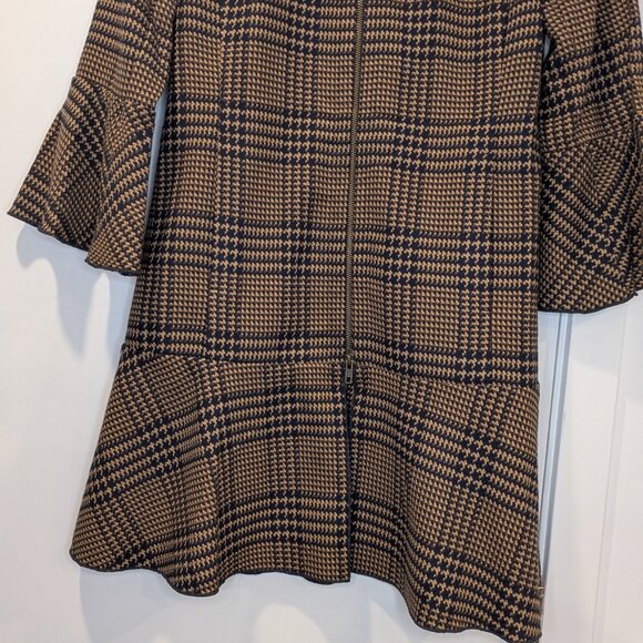 CAbi Tartan Flounce Jacket Tan Navy Ruffle Zipper Longline - Women's sz S /M - Picture 3 of 7